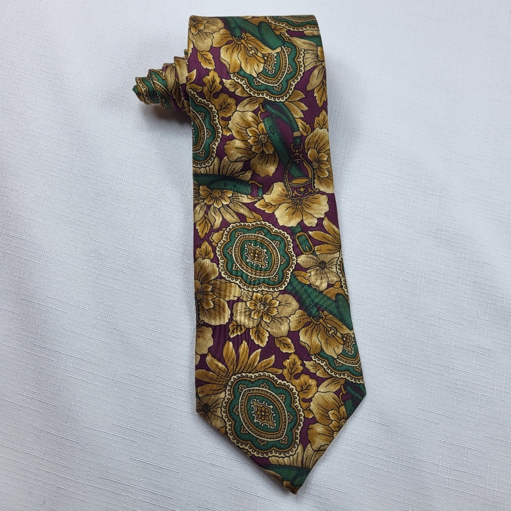 Hunting Horn Mens NECKTIE TIE Floral Silk Made in USA NWT NOS Vtg J. Riggings
